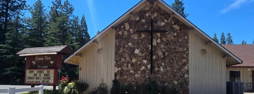 Front of the Canyon View Assembly church building in Foresthill, California