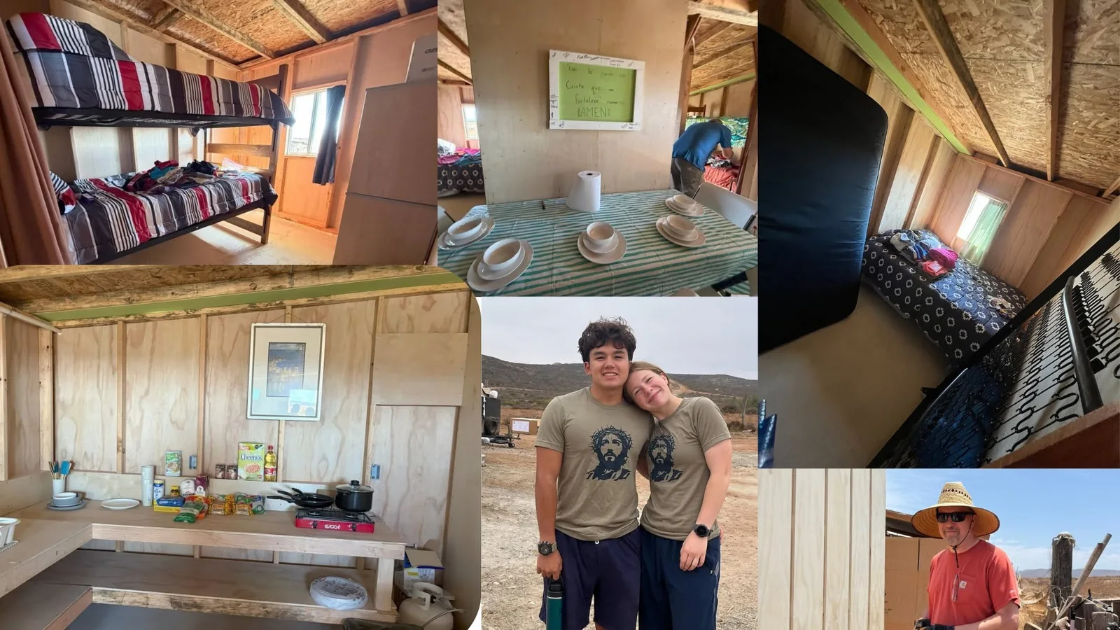 Missions trip collage: bunk rooms, kitchen and team members at the build site