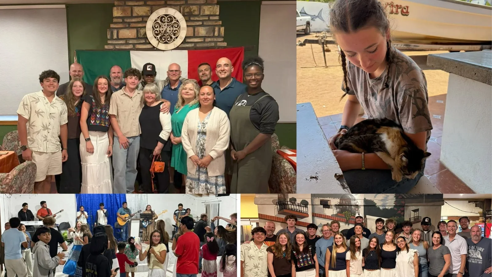 Missions collage: group photos, worship gathering and a team member holding a cat